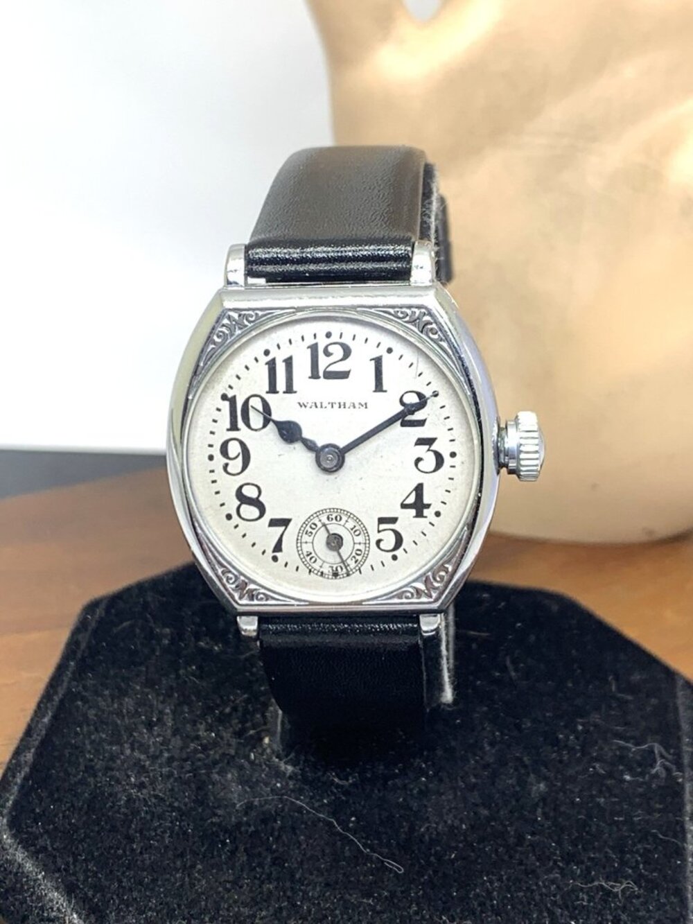 Waltham Art Deco Watch Vintage Manual Wind Silver Dial Black Leather Strap 32mm